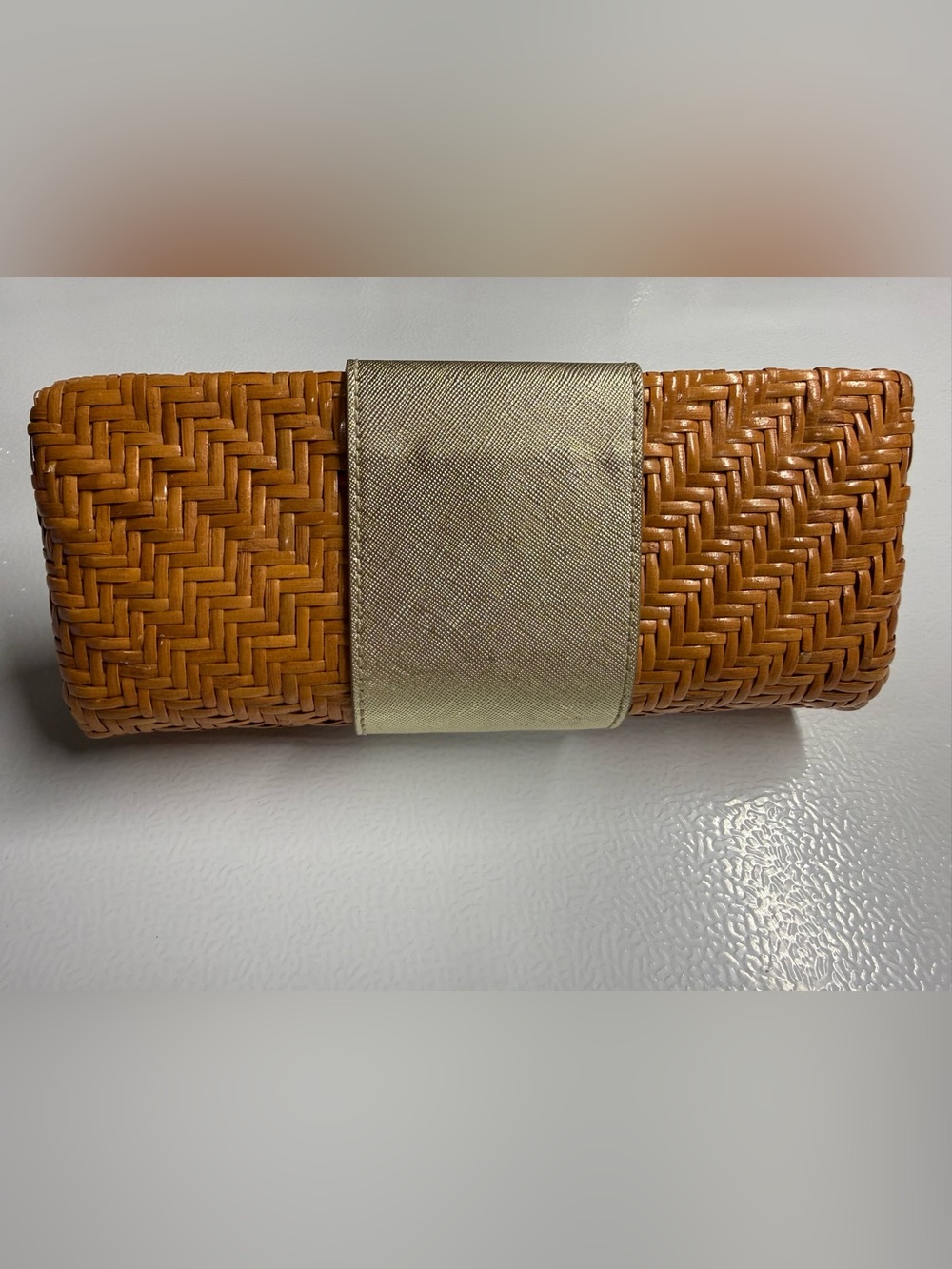 Tory Burch Tan Woven Clutch with Gold Accent Strap - Picture 2 of 6